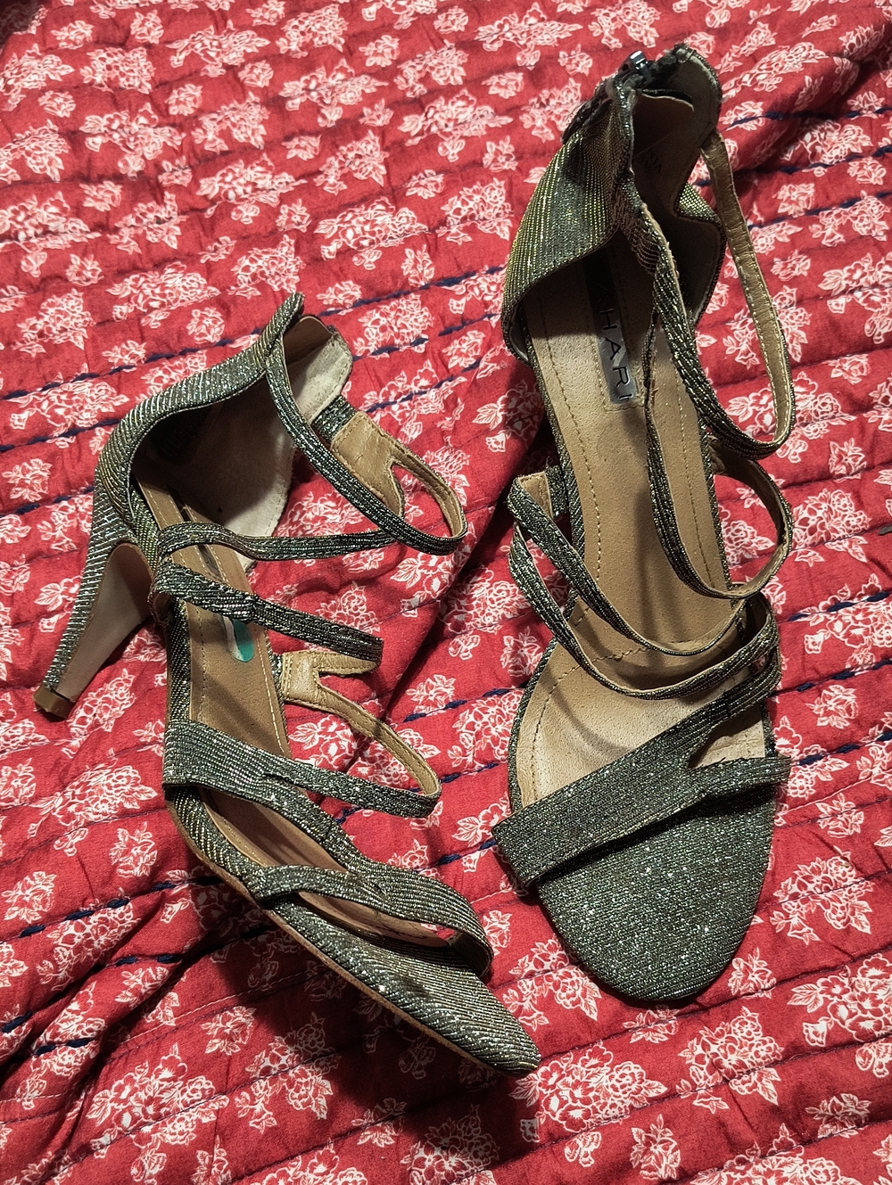 Tahari Strappy Glitter Ankle-Tie Heels in Metallic Gold/Silver